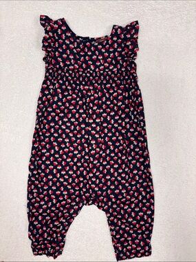 Tea Collection Navy Romper Red and White Print smocked flutter sleeve 3/6m